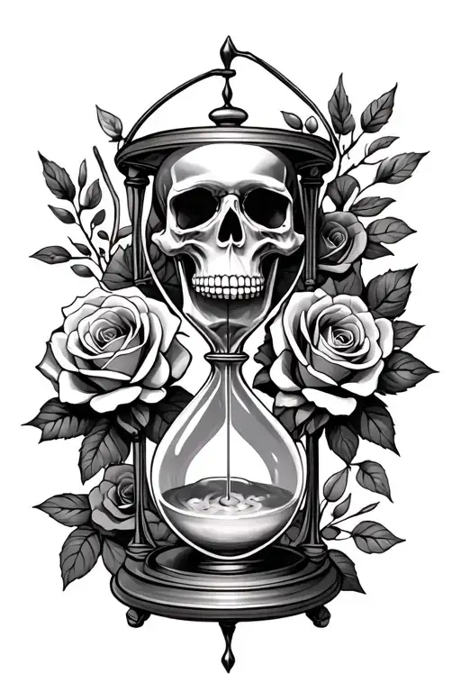 Hourglass With Skull And Roses And Olive Branch Representing Athena And Persephone And Hecate