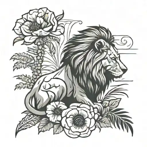 Lion With Poppy Flower Palm Tree Silhouette Tattoo