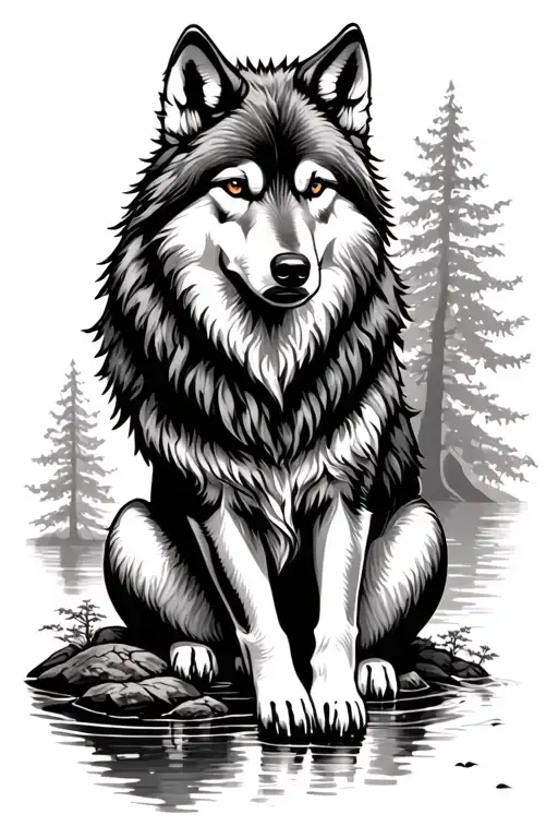 Sitting Wolf In The Forest Near The River