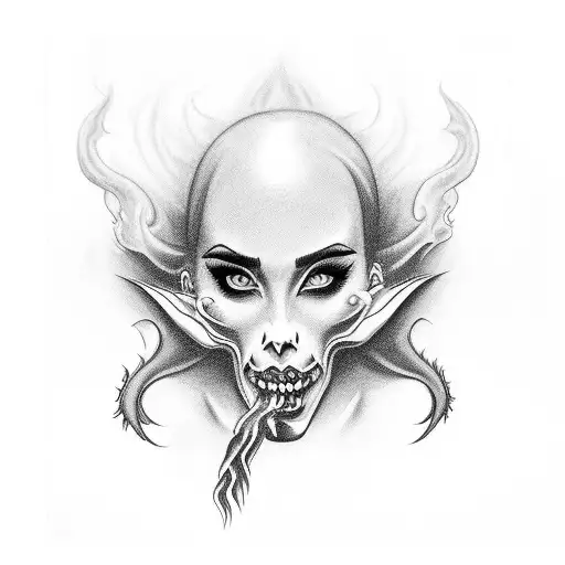 Half Lady And Half Demon Face In Chicano Style With Smoke Coming Out Of Her Mouth