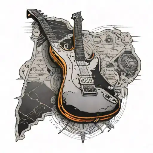 A Black And Grey Tattoo Of A Vintage Orange Guitar With A Road Map Of The Usa As The Background