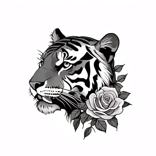 Old School Tiger Head Profile With Roses Blooming