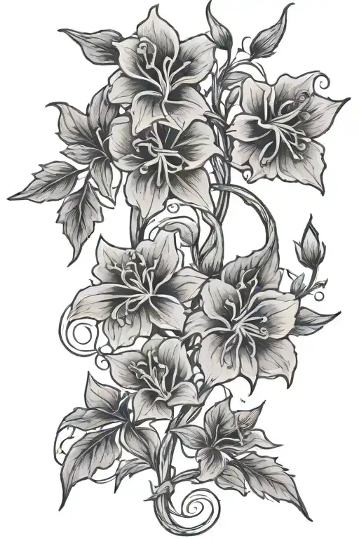 Fine Line Flower Vine With Larkspur Flowers Intertwined