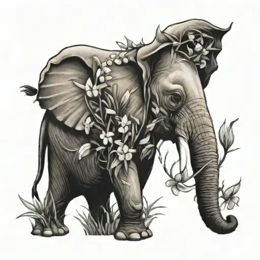 Elephant With Its Trunk Up In Grass With Lily Of The Valleys Surrounding It