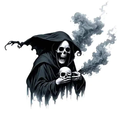 An Eerie Ghostly Figure Surrounded By Smoke And Holding A Skull
