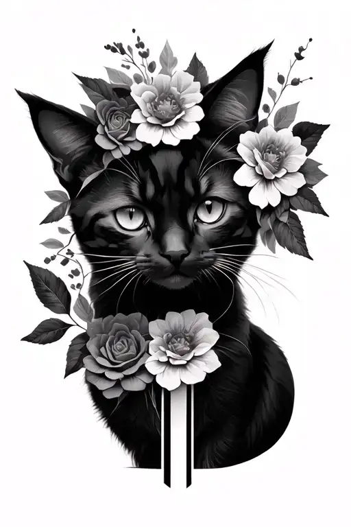 Cat With Flowers And A Geometric Rosette