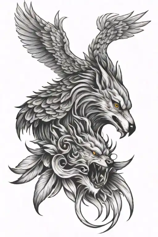 Phoenix Bird And Wolf Head Tattoo Holding