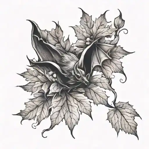 A Bat With Wine Leaves In Autumn Leaves Blowing