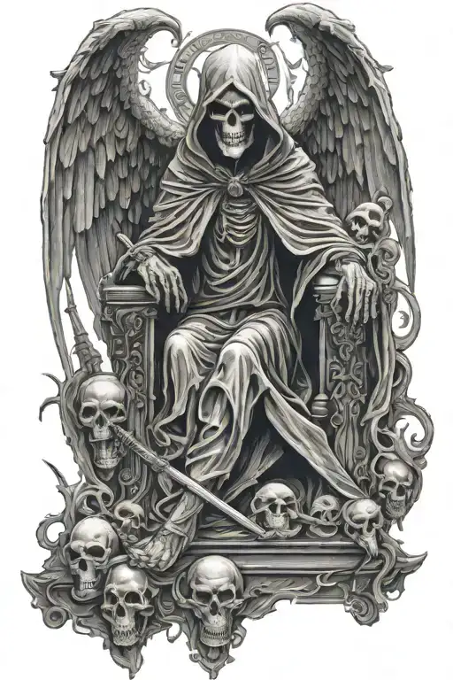 Grim Reaper Sitting On Throne Of Skulls Pointing At An Angel