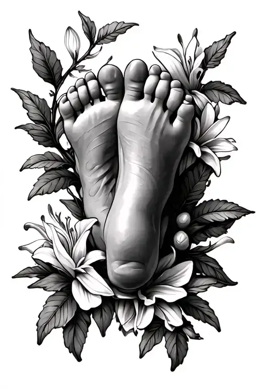 Baby Feet Surrounded By Briars And Lilly Flower