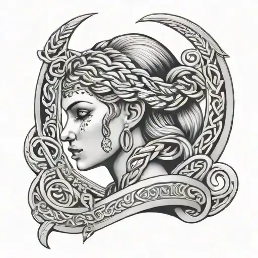 Celtic Lady Head With Braids And A Harp