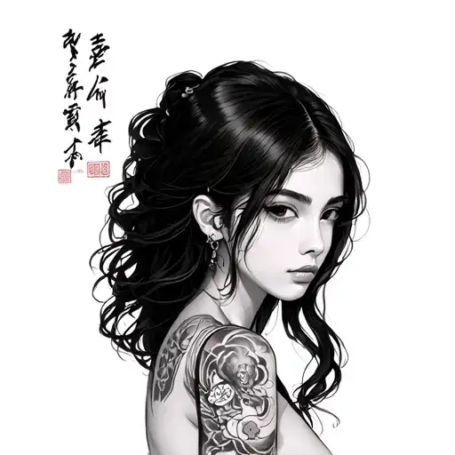 Black Girl With Long Hair And Kanji Writing