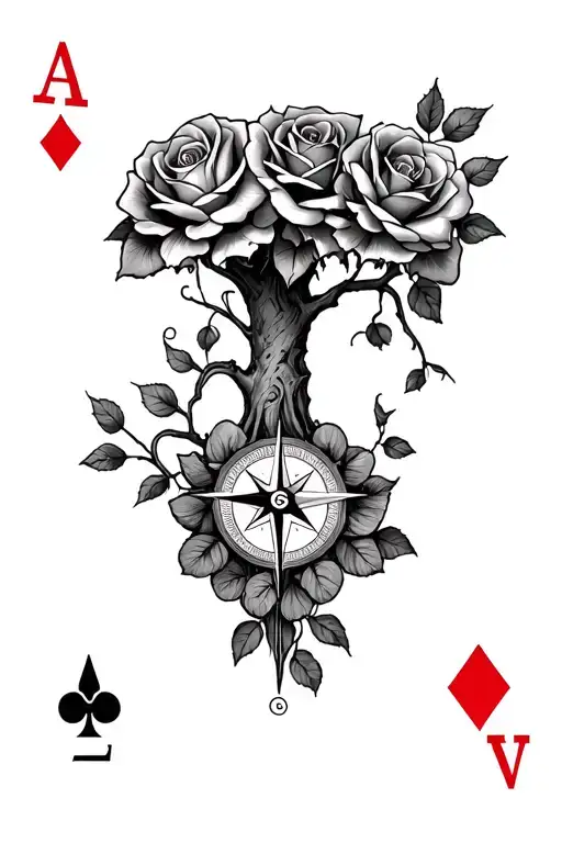 Tree With Roses And A Ace Card And A Compass
