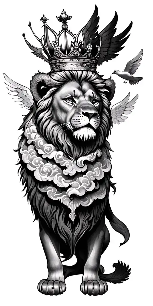 Baby Angel Male Lion Wearing A Crown Clouds Doves