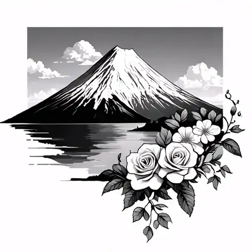 Mt Fuji And Mt Hood Fusion With Cherry Blossoms And Roses