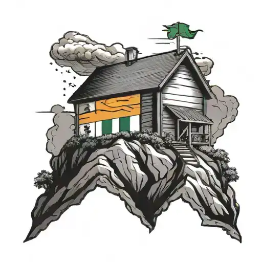 Irish Flag Planted On Top Of A Mountain With A Shed With A Deck On