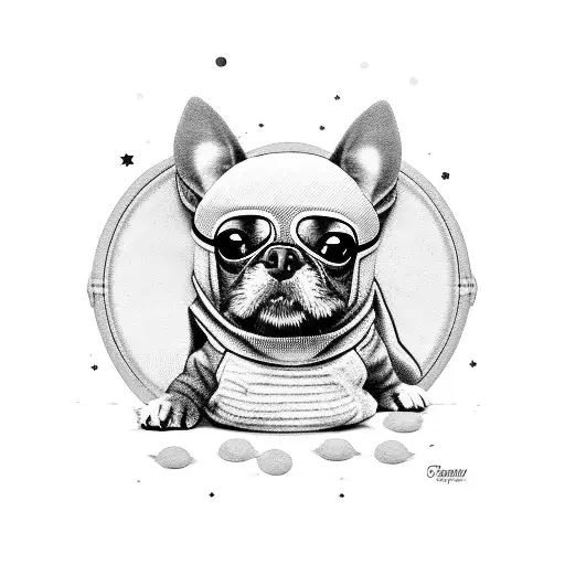 A Black And Grey Tattoo Of A Small Dog Wearing A Superhero Costume