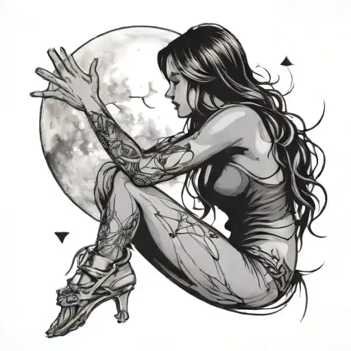 A Minimalist Tattoo Design Of A Girl With 8 And Infinity Tattoo On Hand Looking At The Moon