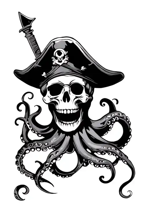 Pirate Skull With Hat And Knife On Teeth And Octopus Hands Around It