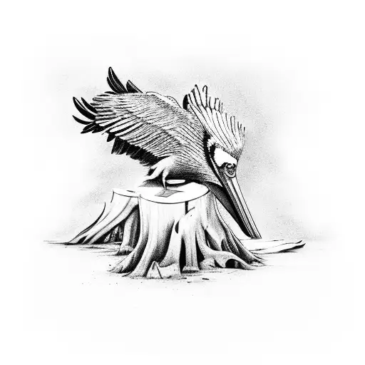 Pelican Sitting On Tree Stump Tattoo