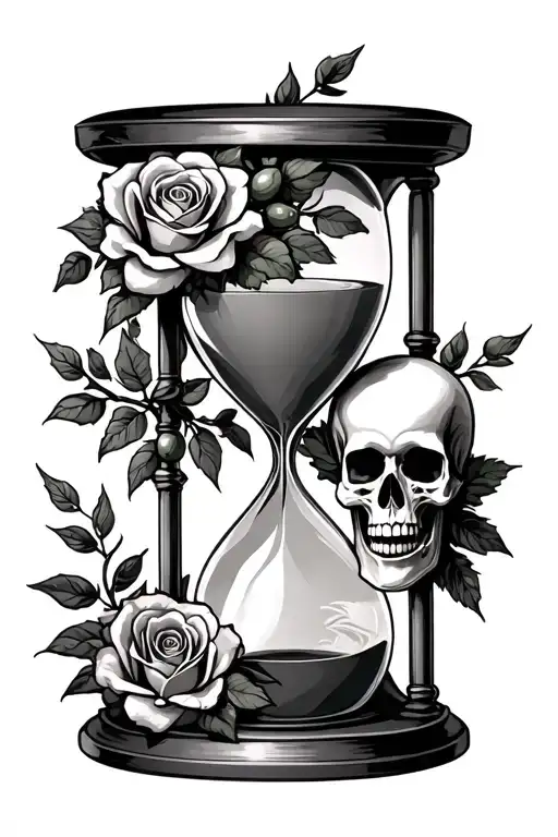 Hourglass With Skull And Roses And Olive Branch Representing Athena And Persephone And Hecate