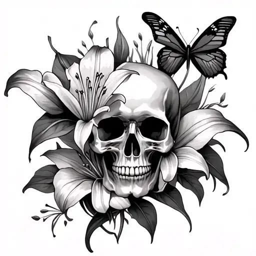 Lillies With Butterflies And Skulls Representing Dark Periods