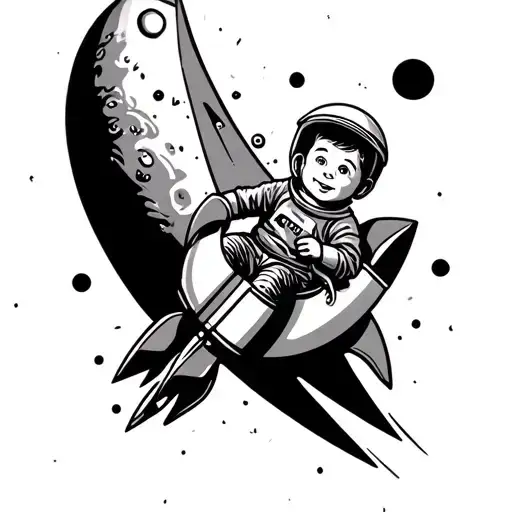 Boy Riding A Rocket Circling The Moon Surrounded