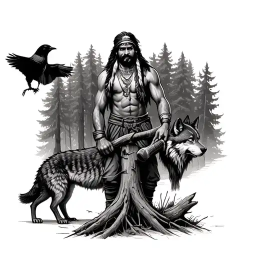 Indian Man In The Forest Chopping Down A Tree Surrounded By A Wolf And A Crow