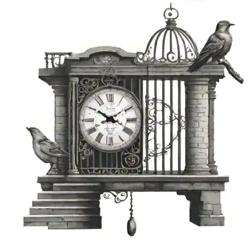 Vintage Bird Cage Vintage Timeless Clock Spiral Staircase Brick Path