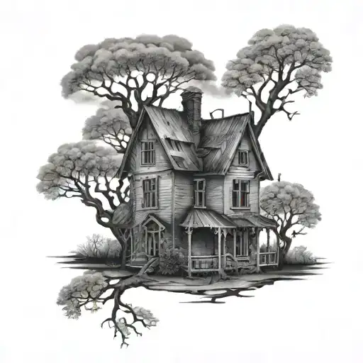 A Straight Forward Small Haunted Broken House Surrounded By Trees