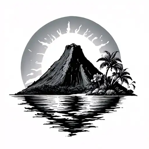 Island Of Reunion With A Mountain Sun Sea Hibiscus Volcano And Tail Straw