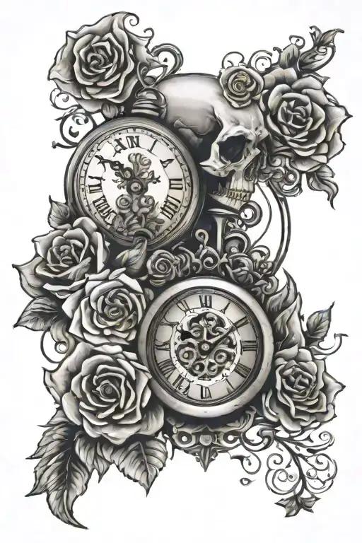 Stop Watch With Time With Flowers And Hour Glass And Skull