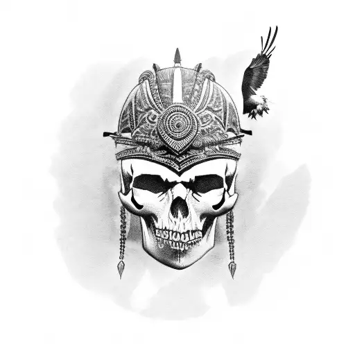 Black-grey Tattoo Of A Tribal Warrior Holding A Skull In One Hand And An Eagle Perched On The Other