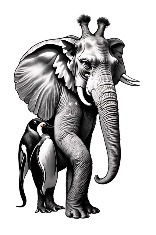 Life Like Half Leg Tattoo With Elephant Giraffe Penguin Gorilla Including Names Damian And Calum