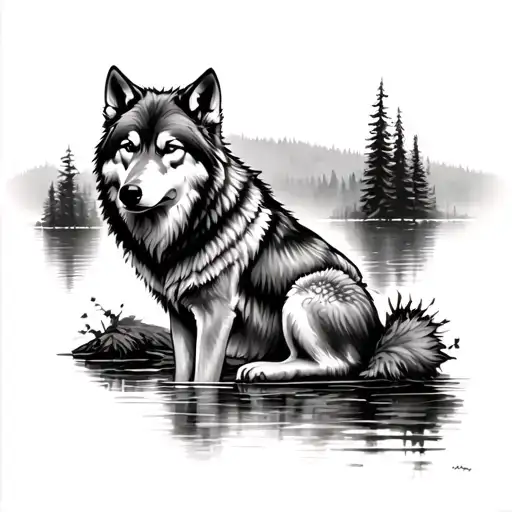 Sitting Wolf In The Forest Near The Lake