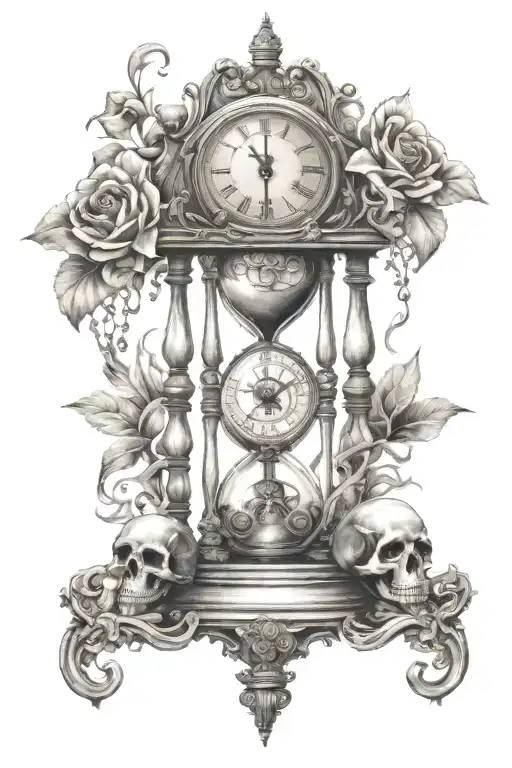 Hour Glass And Clock And Skulls