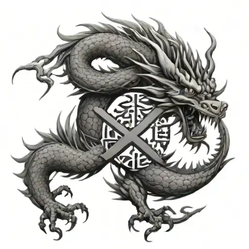 Fusion Between Chinese Dragon And Cross And Japanese Letter With Egyptian Mythology