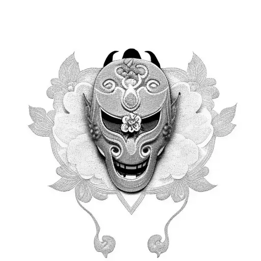 A Black And Grey Tattoo Of A Hanya Mask Adorned With Elegant Traditional Japanese Flowers