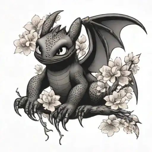 Toothless From How To Train Your Dragon In Japanese Art Style With Cherry Blossoms