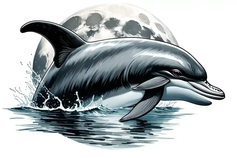 Dolphin In Water In Front Of Full Moon