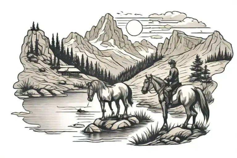 Horse On A Mountain Trail With A Lake In The Background With Someone Fishing
