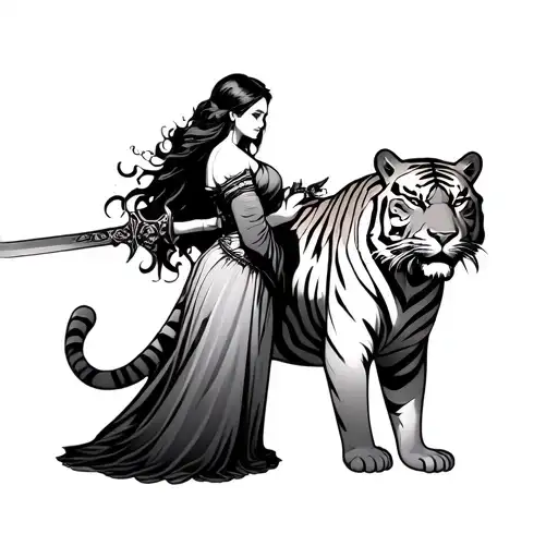 Tiger With Lady In A Dress Holding A Long Sword Towards The Tiger