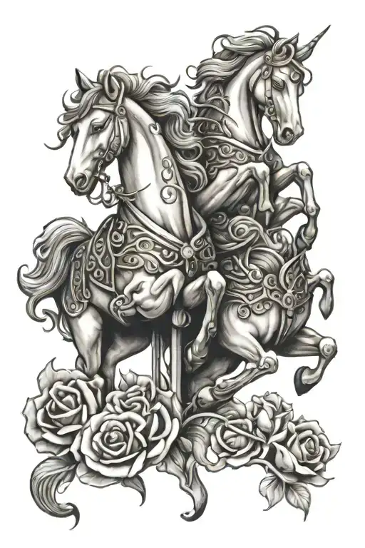 Carousel Horses Breaking Free With Rose Thorns Intertwined