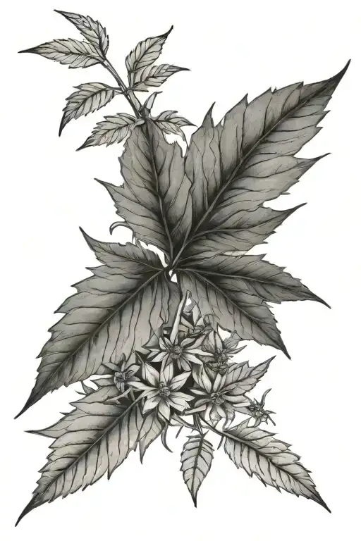 A Detailed Black And Grey Tattoo Of A Weed Leaf Intertwined With Elements Of Nature
