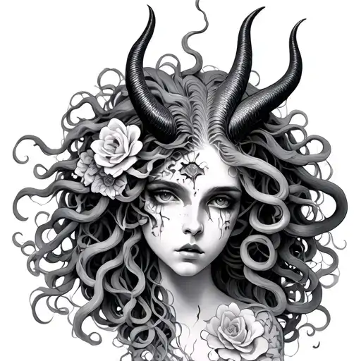 Medusa With Snake Hair And Lilith With Horns Split Face With Flowers Rotten