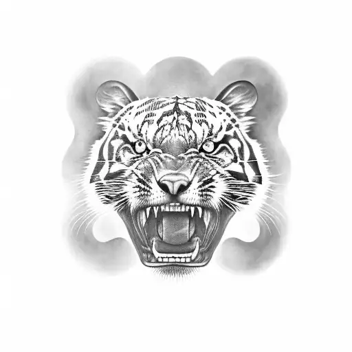 A Black-grey Tattoo Of A Laughing Tiger Surrounded By Music Notes