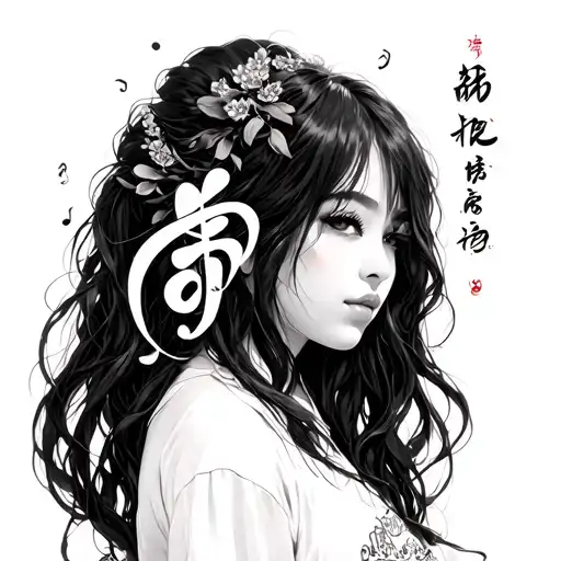 Black Girl With Long Hair And Kanji Writing Musical Notes