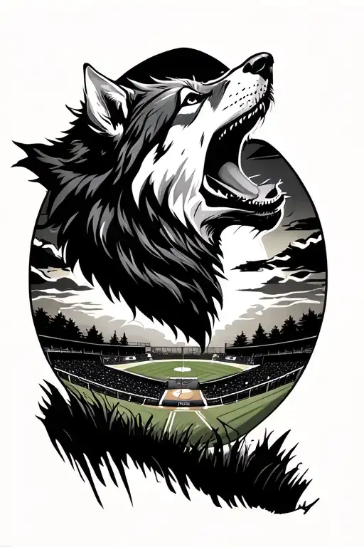 Wolf Howling Towards Baseball Field Durning Sunset