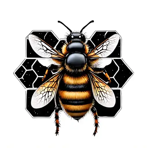 Detailed Bee In The Middle Of 7 Large Honeycomb Tiles In Black And Grey