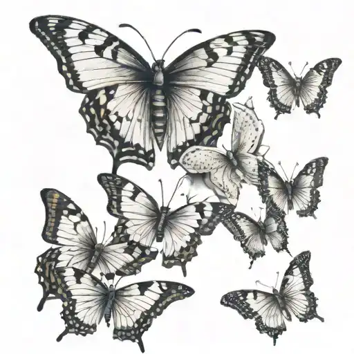 Seven Medium Size Butterflies Going Down The Spine In A Straight Line